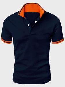 Men's Navy Blue <b>Half</b> Sleeve for <b>Shirt</b> Orange Trim Solid Design Formal Anti-Wrinkle Knitted Fabric Regular Fit <b>Button</b> Front - Product Image 5