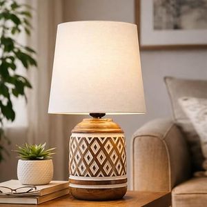 Lampe de table cylindrique en bois moderne avec abat-jour en tissu beige, lampe de bureau décorative pour la cuisine - Product Image 2
