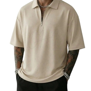 Chemise décontractée beige à manches courtes pour homme, coupe oversize, tricotée, tie-dye, avec col zippé, 100 % coton respirant en jersey - Product Image 3