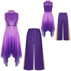 Tenue de danse liturgique pour filles de 6 à 16 ans, robe tunique avec pantalon large métallisé pour la danse lyrique contemporaine - Product Image 5