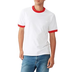 Camiseta de Algodón Blanca para Hombre con Ribete en Contraste Rojo, Corte Regular, Manga Corta, Cuello Redondo, Tejido Jersey, Color Sólido - Product Image 1