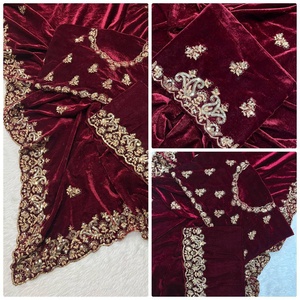 Exclusive Designer 9000 <b>Velvet</b> Fabric Sequence Zari Thread Embroidery Work Border Unstitched Washable Bollywood Wedding <b>Saree</b> - Product Image 6