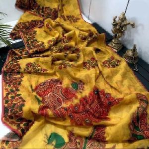 Sari indio tradicional de lino con estampado digital y estampado Kalamkari, ropa étnica elegante para fiestas, bodas y ocasiones festivas para mujeres. - Product Image 2