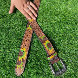 New Arrival Genuine <b>Leather</b> Western Hand <b>Tooled</b> and Hand Painted Sunflower <b>Belts</b> Real Handmade <b>Tooled</b> <b>Leather</b> Unisex Waist <b>Belts</b> - Product Image 2
