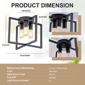 Lampadario a 3 Luci Semi-Incasso Nero con Paralume Geometrico in Metallo, Stile Industriale Rustico, IP54 6000K - Product Image 6