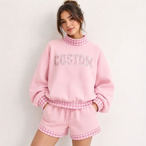 Custom Women Red Gingham Trim Sweatshirt Shorts <b>Set</b> Casual Loose Fit 2 Piece Fleece Outfit Spring Summer Wear - Product Image 2