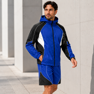 Ensemble de survêtement sportif pour homme, veste à capuche et short, bleu et noir, imperméable, séchage rapide, polyester, vêtements de sport pour le printemps - Product Image 4
