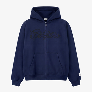 เสื้อฮู้ดซิปผู้ชายสีน้ำเงินกรมท่า 350 GSM ปักโลโก้ด้านหน้า สวมใส่สบายทรงโอเวอร์ไซส์ ผ้าฝ้าย 100% เหมาะสำหรับฤดูหนาว - Product Image 1