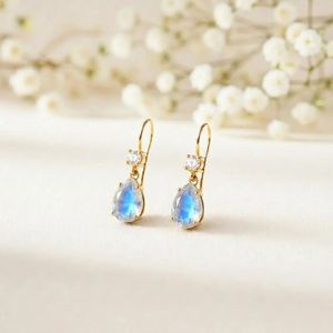 Natural <b>Rainbow</b> Moonstone and CZ <b>Drop</b> Earrings with Pear Faceted Gemstone Dangle Design in 925 Sterling Silver or Gold Filled - Product Image 2