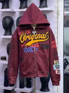 เสื้อฮู้ดซิปผู้ชายสไตล์ดิสเทรส พิมพ์ลายกราฟิก ทรงโอเวอร์ไซส์ ผ้าฟลีซ สตรีทแวร์ลำลอง - Product Image 5