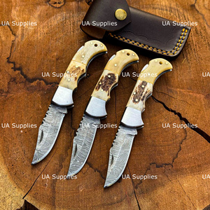 Cuchillo de Bolsillo Táctico de Grado Industrial con Mango de Cuerno de Ciervo Genuino, Hecho a Mano, de Acero de Damasco, con Punta de Gota y Bloqueo Trasero, 56-58HRC - Product Image 2