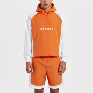 Men's Orange White Color Blocking Quick Dry Sporty Tracksuit Set Quarter-<b>Zip</b> <b>Hooded</b> Jacket Shorts Regular Fit Summer Wear - Product Image 1
