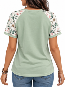 T-shirt à manches courtes pour femmes grandes tailles, col rond, motif floral, ourlet incurvé, haut décontracté - Product Image 5