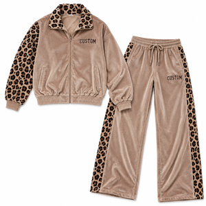 Ensemble de survêtement en velours personnalisé pour femme, imprimé léopard, veste zippée et pantalon large, 2 pièces, fournisseur OEM en gros - Product Image 3