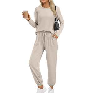 Custom Waffle Knit Sets <b>Women</b> <b>Thermal</b> Zipper Hoodie and Flared Tracksuit <b>Womens</b> 2 Piece Sets - Product Image 2