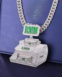 Custom 925 Sterling Silver <b>Iced</b> <b>Out</b> Moissanite Pendant Necklace 3D Letter Money Stack Charm Rhodium Plated Unisex - Product Image 2
