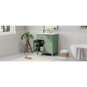 Mobile Bagno Moderno Verde da 30 Pollici con Armadietto Singolo e Lavabo in Ceramica, 2 Ante con Chiusura Ammortizzata e Ripiano - Product Image 5
