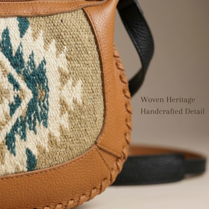 Brown Genuine Leather Crossbody Shoulder <b>Bag</b> for Women | Aztec Pattern Woven Front <b>Boho</b> Style Handbag with Adjustable Strap <b>Bag</b> - Product Image 2