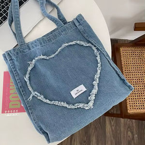 Bolsa de Mano Grande de Tela Vaquera de Algodón con Asas, Bolso de Hombro de Lona Azul, para Mujer, Uso Diario, Compras, Viajes, Playa - Product Image 1