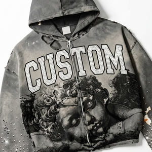 Sweat à capuche gris délavé personnalisé, coupe courte, imprimé ange Renaissance vieilli, lettres universitaires en strass, style streetwear, fournisseur en gros - Product Image 6