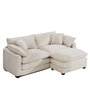 Divano a due posti a L in velluto a coste beige chiaro con poggiapiedi ottomano per piccoli spazi abitativi, per arredamento soggiorno - Product Image 6