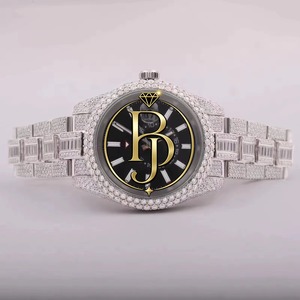 Montre de luxe pour homme en acier inoxydable carré à quartz avec cadran en verre, pierres précieuses en cristal glacé, noire, haut de gamme, tendance et scintillante - Product Image 1