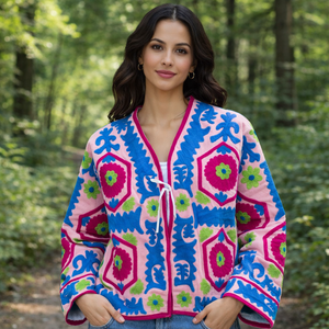 Pink Blue Geometric Embroidered Velvet Bomber <b>Jacket</b> V-Neck Full Sleeve Spring Women's Coat Handmade Pattern Design Eco-Friendly - Product Image 3