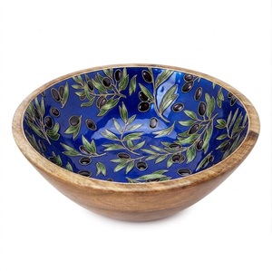 Tazón para Servir de Madera de Mango Ecológico con Interior Esmaltado Azul Oliva Hecho a Mano, Tazón Redondo para Ensaladas y Frutas para Decoración del Hogar - Product Image 1