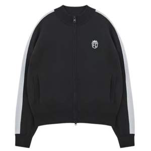 Veste de survêtement tricotée noire à rayures latérales, zippée, style streetwear, poignets côtelés, maille douce, unisexe, coupe confortable, qualité supérieure, usage quotidien, Pro - Product Image 1