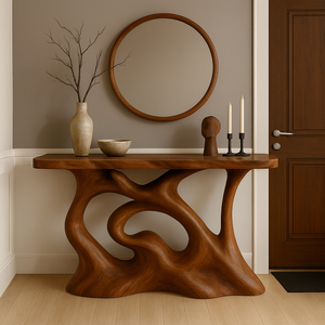 Console d'entrée moderne de luxe en bois au design sculptural pour hôtel, villa, hall d'entrée, salon, couloir – Meuble élégant pour salon - Product Image 5