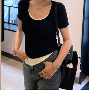 Camisetas Lisas de Manga Corta con Cuello Redondo para Mujer, de Seda/Algodón Dobby Bordado, Ajuste Regular, Sexy, Verano 2025, Venta al por Mayor - Product Image 3