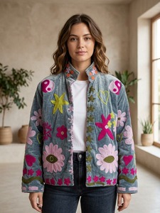 Women’s Decorative Gray <b>Velvet</b> <b>Jacket</b> with Floral & Heart Embroidery - Product Image 3
