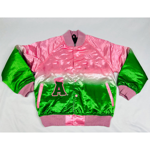 Chaqueta Bomber Ombre Unisex con Logotipo Frontal Bordado con Letras Griegas, Degradado Rosa Verde, Chaqueta de Invierno Estilo Urbano, Poliéster/Nailon - Product Image 1