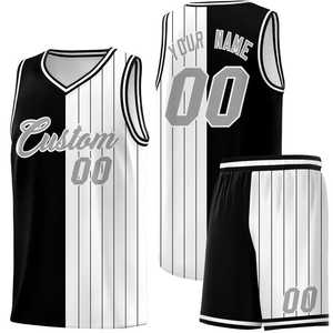 Ensemble de maillots de basket-ball personnalisés rayés noir et gris, col en V, sans manches, impression sublimée, maille respirante, unisexe adulte - Product Image 3