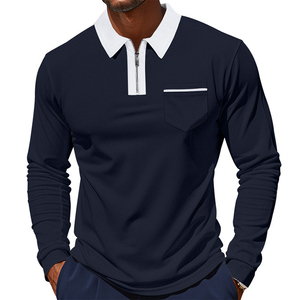 Polo de Punto de Manga Larga para Hombre, Color Sólido, con Bolsillo, Corte Regular Informal, Cuello con Cremallera Delantera, Naranja y Negro - Product Image 3