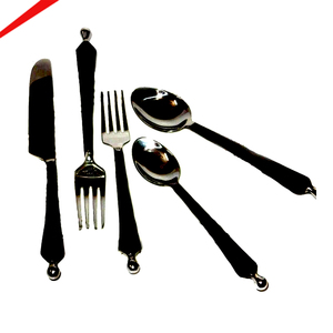 Ensemble de couverts élégants en argent poli miroir avec manche rond noir brillant, ensemble de couverts élégant - Product Image 1
