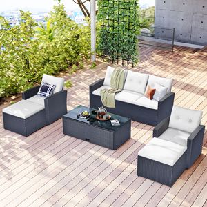 Set da 6 Pezzi in Rattan PE Intrecciato per Esterni, Resistente alle Intemperie, con Tavolino da Caffè, Divani e Pouf in Vimini - Product Image 2