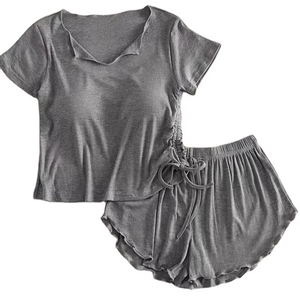 Solid Color Short Sleeve Shorts Sleepwear Set Women Loose Full Length Adult Women's Sleepwear Women's Solid Color Pure Pajama - Product Image 1