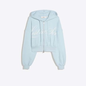 Sweat-shirt à capuche court pour femme, bleu clair, manches longues, fermeture éclair, décontracté, couleur unie, polaire, hiver, logo frontal - Product Image 2