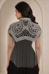 Women's Cotton Couteure Polyester Beaded Shoulder <b>Cape</b> with Floral Embroidery and Fringe Decorative <b>Wedding</b> Party Wear - Product Image 2