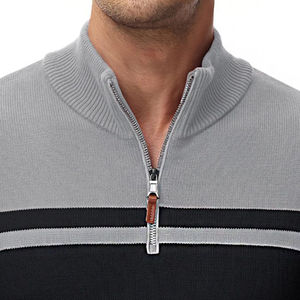 Suéter de Punto a Rayas Grises para Hombre, Transpirable, de Primera Calidad, Manga Larga, con Cierre de 1/4, para Otoño - Product Image 4