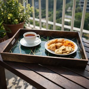 Bandeja de Servir de Madera con Diseño Geométrico para Desayuno, Rectangular, Multiusos, con Asas, Disponible para Hoteles y Cafeterías - Product Image 2