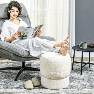 Pouf Rotondo in Tessuto Teddy Fleece Bianco con Struttura in Acciaio per Casa, Ufficio o Ingresso - Product Image 2