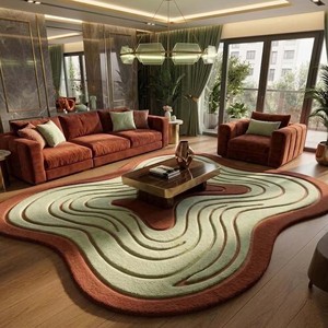 Tapis de sol à contour irrégulier, moderne, vert et marron, abstrait, en laine, forme organique, tufté, décoration minimaliste pour la maison, doux - Product Image 1