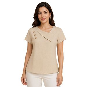 Camiseta Beige de Manga Corta con Cuello Asimétrico para Mujer, Detalle de Botones, Estilo Casual Minimalista, Top de Verano, Fabricante de Ropa Personalizada al por Mayor - Product Image 1