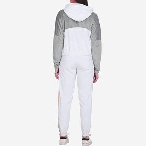 Women Color Blocking Tracksuit Hooded Full Sleeve Zipper Closure Breathable Casual Pants Set Autumn White Gray Polyester Cotton - Product Image 4