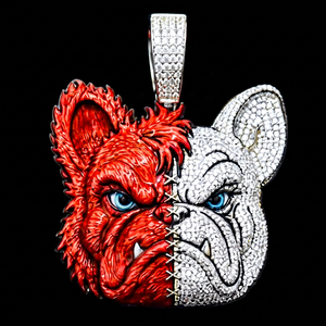 Colgante de Bulldog de Plata de Ley 925 con Diamante CVD Cultivado en Laboratorio, Esmalte Rojo Parcial, Diseño de Perro Francés Estilo Rapper - Product Image 1