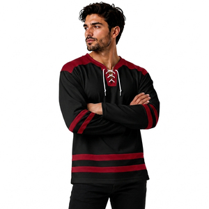 Jersey de Hockey sobre Hielo para Hombre, Negro y Rojo, Manga Larga, Cuello en V, Cierre con Cordón, Absorbe la Humedad, Antibacterial, Poliéster, Personalizable - Product Image 4