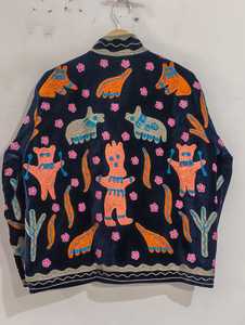 Chaqueta Suzani Azul Marino 100% Algodón, Acolchada, Ecológica, Bordada a Mano, con Patrón Floral Vintage, para Mujer, Otoño - Product Image 1