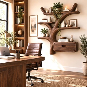 Étagère murale en bois Luxali, contemporaine, unique, faite à la main, avec plusieurs étagères et tiroirs pour la maison, le bureau, la salle d'étude et le salon - Product Image 5